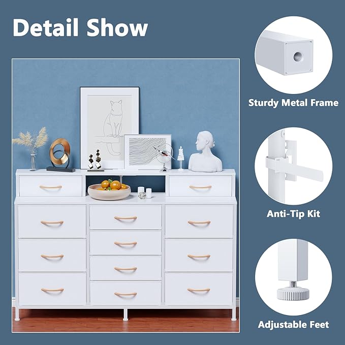 Furnulem White Dresser for Bedroom with LED Lights & Charging Station,55" Long Dressers & Chest of Drawers with 12 Storage Bins, Fabric Furniture for Closet,Hallway,2-Tier Shelf Wood Top,Metal Frame