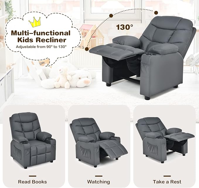 Kids Recliner, Kids Recliner Chair w/ 2 Cup Holders, PU Leather Kids Chairs Compy w/Adjustable Backrest & 3 Pockets, Toddler Furniture Sofa for Boys Girls Aged 3+ (Grey)