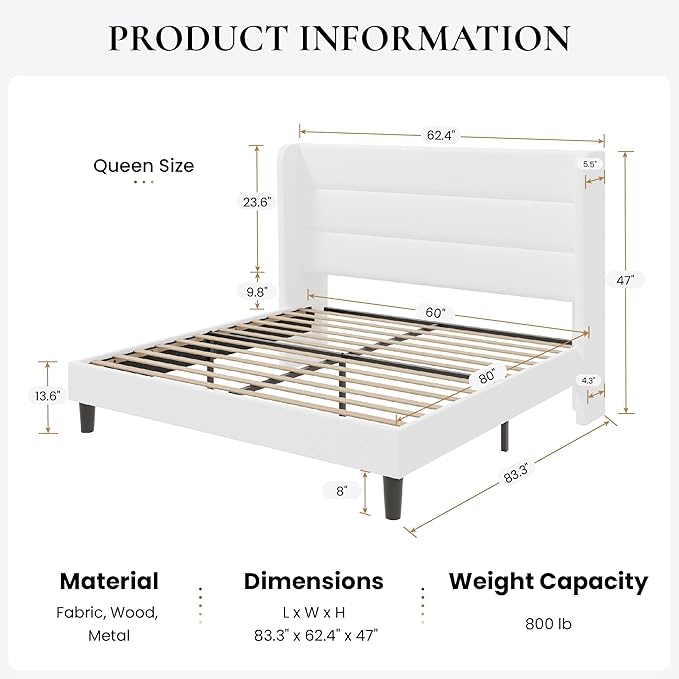 SHA CERLIN Queen Size Velvet Bed Frame/Vertical Channel Tufted Wingback Headboard/Upholstered Platform Bed with Wooden Slats/Mattress Foundation/No Box Spring Needed/Easy Assembly/White
