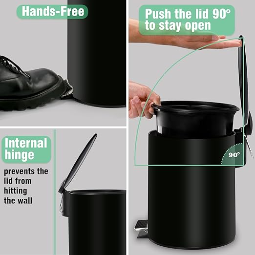 URALFA 2 Pack Small Bathroom Trash Can with Lid Soft Close, Step Pedal, 5 Liter / 1.3 Gallon Stainless Steel Slim Garbage Can for Bedroom, Diaper Waste Basket with Removable Inner Bucket (Matte Black)