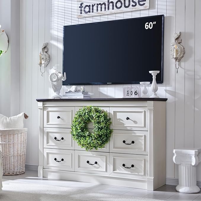 Farmhouse 9 Drawers Dresser for Bedroom, 55" Wide Large Dressers & Chests of Drawers w/Roman Column, Storage Dressers Organizer for Bedroom, Hallway, Living Room, White