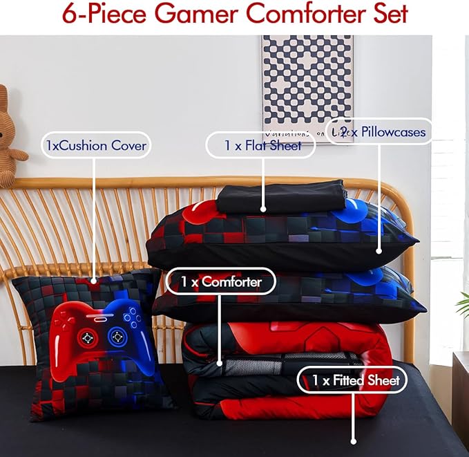 PERFEMET 6 Pieces Kids Comforter Sets Twin Size Red and Blue Game Console Bedding Set for Boys Girls Soft Fluffy 3D Cool Teen Gamer Bed in A Bag for All Seasons(Red Blue, Twin)