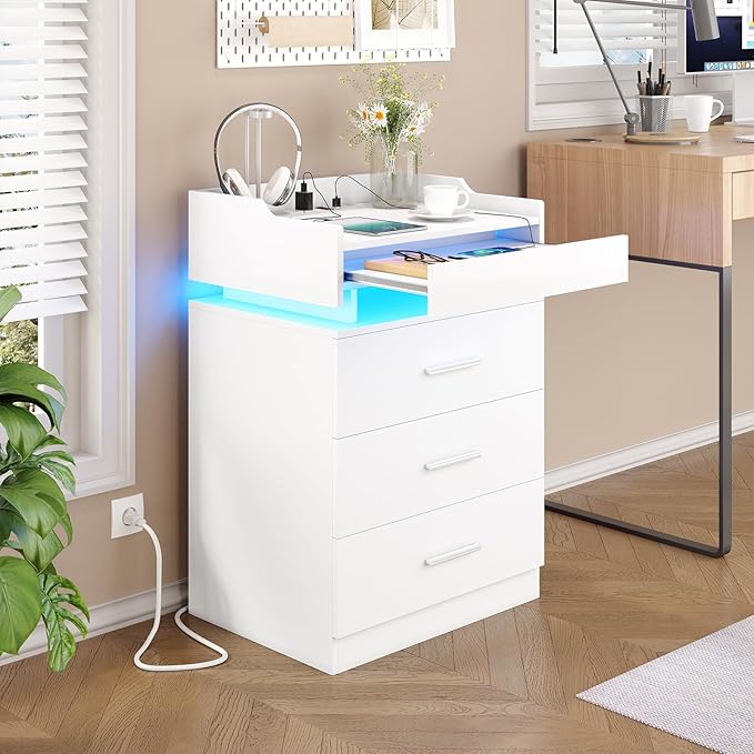 Large Nightstand with Charging Station and LED Lights, White Night Stand with 3 Drawers and 1 Pull-Out Tray, Modern Bedside Table with Outlets, End Table Side Table with Storage