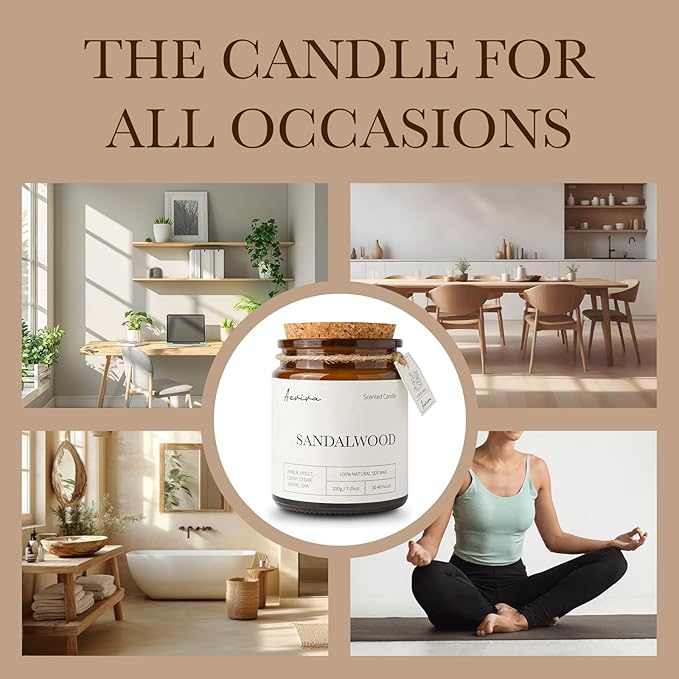 Scented Candle, 7.05 oz Sandalwood Aromatherapy Candle, Natural Soy Wax with Wooden Wick, Candles for Home Scented, Stress Relief Amber Jar Candle Gifts