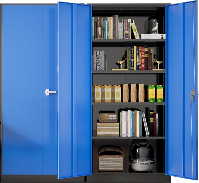 Greenvelly Metal Garage Storage Cabinet with Doors and Adjustable Shelves,72" Steel Lockable File Cabinet for Home Office,Garage,School(Black Blue,32" W x 16" D)