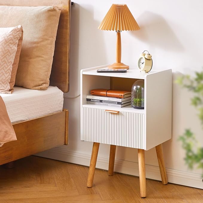 Nightstand with Storage Drawer, Modern Bedside Table with Liner Drawer and Solid Wood Legs, Small End Table with 2-Tier Storage, White YD-TM061W
