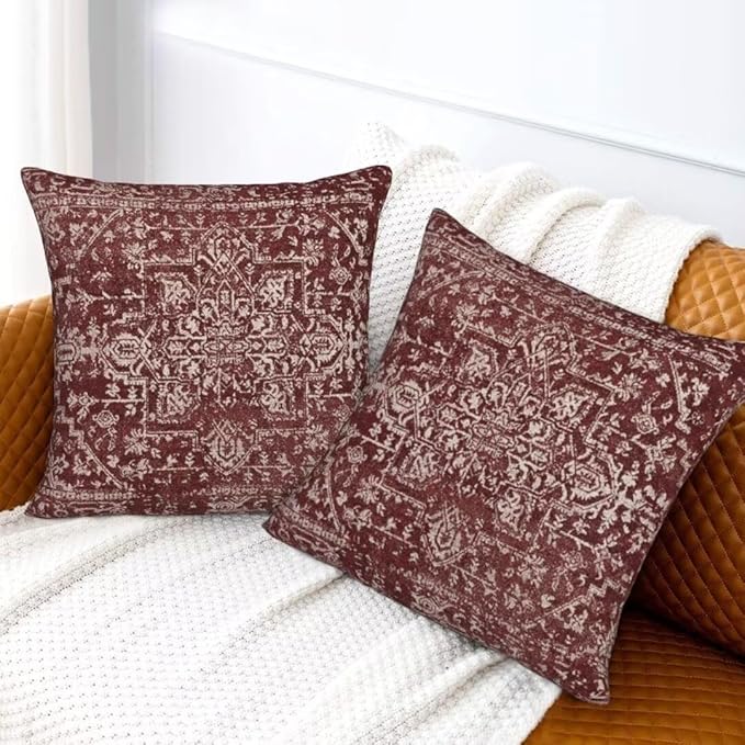 Boho Pillow Covers 20 x 20 Inch Set of 2, Bohemian Burgundy Carpet Pattern Decorative Throw Pillows Ethnic Rustic Farmhouse Cushion Cases Linen Gifts for Couch Sofa Outdoor Decor