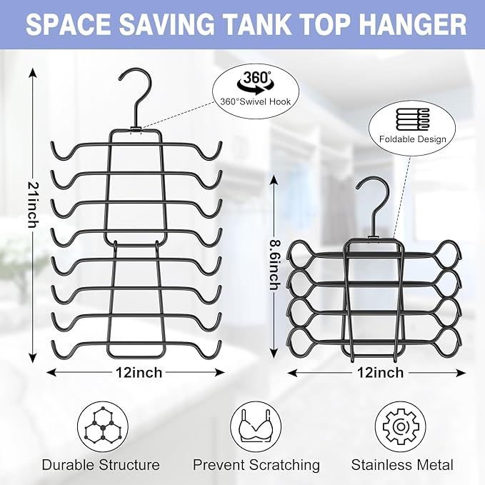 4Pcs Tank Top Hangers Space Saving Hanger Organizer Bra Hangers for Closet Organizer 360° Rotating Metal Closet Organizers and Storage Lingerie Hangers for Cami Bras Belts Swimsuits Lingeries Black