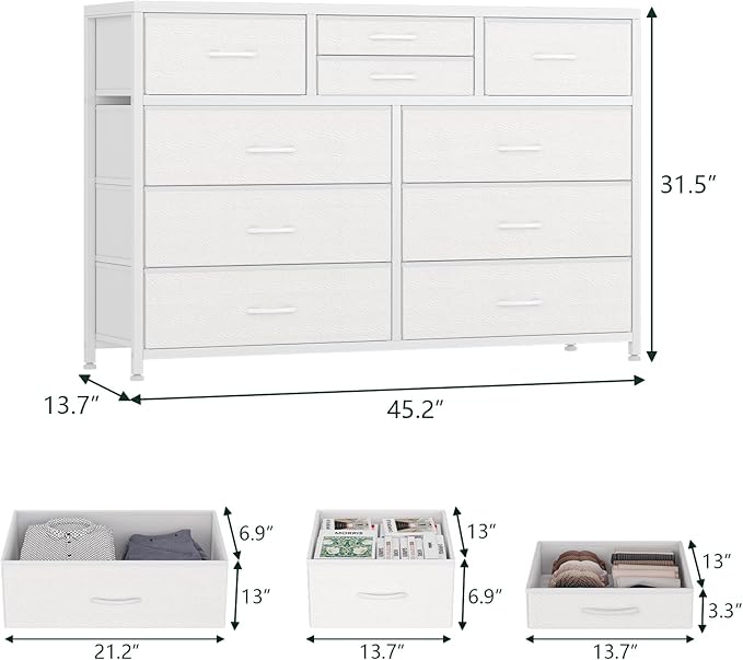 Jojoka Wide 10 Drawer Dresser,TV Stand Entertainment Center Fabric Storage Dressers Drawers for Bedroom, Hallway, Nursery, Closets, Steel Frame, Wood Top (White)