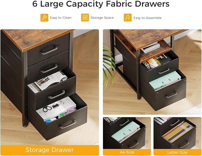 Casaottima 66" L Shaped Desk, Reversible Computer Desk with File Cabinet & 4 Fabric Drawers, Two Person Desk with LED Lights & Power Outlet, Corner Home Office Desk with Monitor Shelf, Vintage