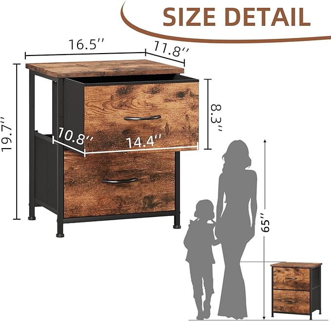 Somdot Nightstand Set of 2, Small Dresser for Bedroom with 2 Drawers, Bedside Table Night Stand End Table with Fabric Bins for Bedroom Kids Closet Dorm Guest Room, Wood Grain Print