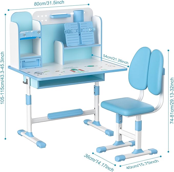 Kids Desk and Chair Set, Height Adjustable Kids Study Table and Chair Set, Children School Desk with Storage Drawer and Book Stand, Ergonomic Child Toddler Deskwith Sitting Posture Corrector (Pink 6)