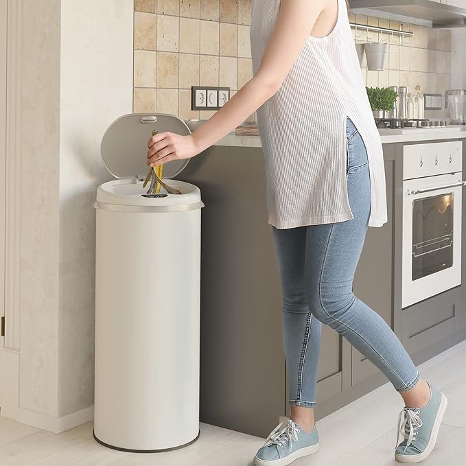 iTouchless 13 Gallon Trash Can with Odor Filter, Round White Stainless Steel Trashcan Garbage Bin for Home Office Work Bedroom Living Room Garage Large Capacity Slim Wastebasket
