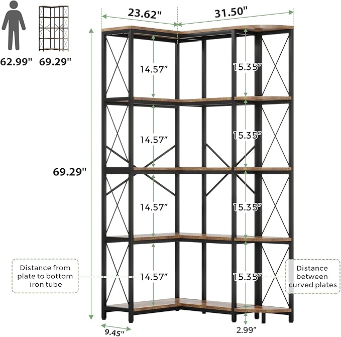 5-Tier Reversible Corner Bookshelf, Modern Industrial Bookcase, 5-Shelf Large L-Shaped Storage Shelf Display Rack with Metal Frame for Living Room, Home Office, Bedroom, Rustic Brown