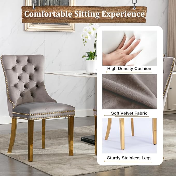 7 Piece Dining Table Set with 6 Grey Dining Chairs, Modern Glass Kitchen Table and Chairs Set for 6, 70" Rectangle Gold Glass Pedestal Dining Room Tables with Ring-Shape Stainless Steel Base