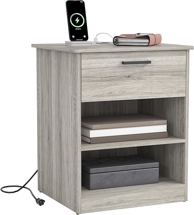 Night Stand with Charger Station, Modern Nightstand with USB Type-C Ports and AC Outlets, Large Bedside Table with Drawer and Open Storage, Wooden End Table for Bedroom (Grey, 1 Drawer)