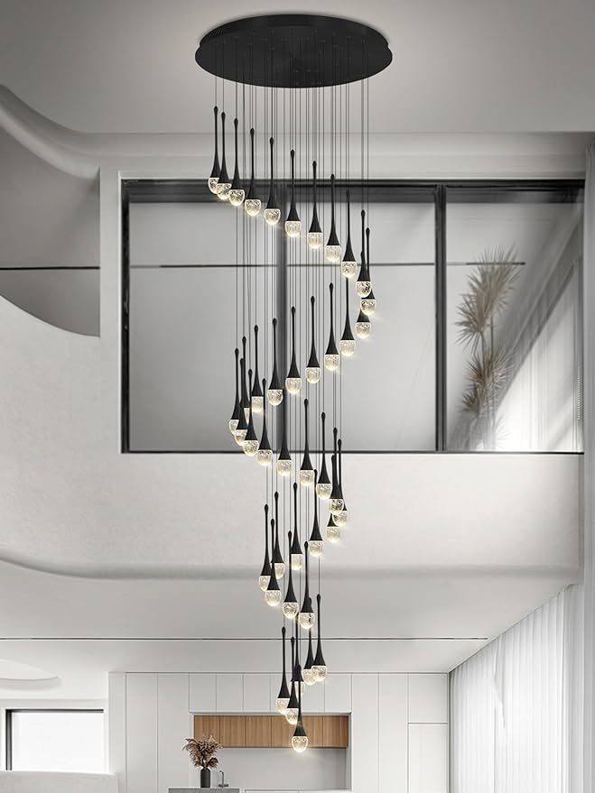 Staircase Chandelier 42-Lights Crystal Ceiling Lights Adjustable Length 197inches Large Chandeliers for High Ceilings, Entryway Lighting Fixture Black