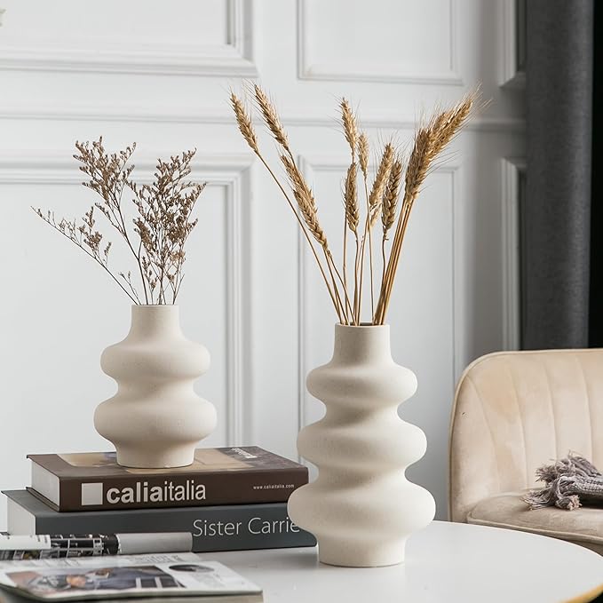 Ceramic Vase Set of 2, Off White Boho Vase for Modern Home Decor, Round Vases for Dried Flower, Pampas Grass, Pottery Vases for Office Centerpieces Wedding Dinner Table
