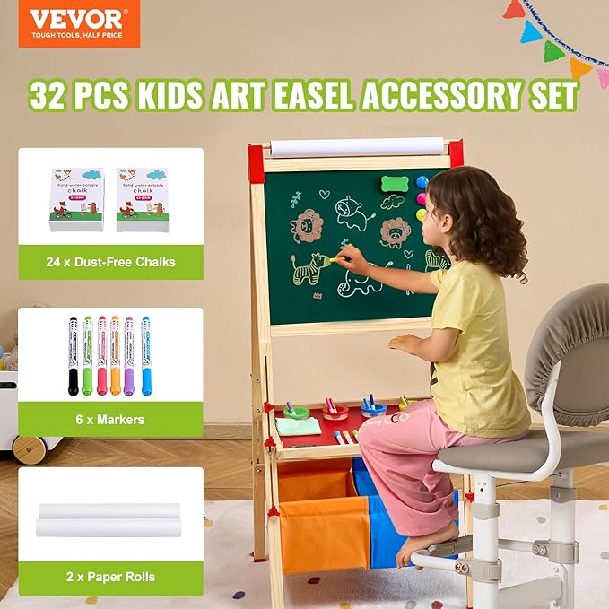 VEVOR Easel Accessory Set, 32 PCS Kid's Art Easel Painting Kit Including Chalks, Dry-Erase Markers & Paper Rolls, Art Supplies Set for Standing Easel, Painting Kit for Toddlers Boys and Girls