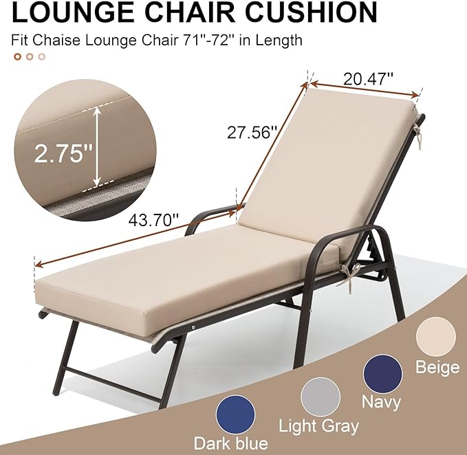 Crestlive Products Chaise Lounge Cushion Outdoor, 72x21 Inch, Waterproof & 3-Year Fade Resistant Lounge Chair Cushion for Outdoor Furniture, Patio Cushion for Pool, Lawn, Deck, Beige