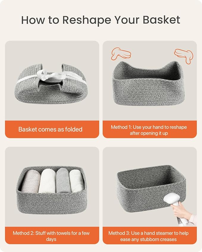 KALLAX Small Woven Basket, 12 x 8 x 4.5 Inches, Storage Basket for Organizing, Cute Small Rope Shelf Closet Cube Storage Bins Baskets for Shelves, Dog Toy Gift Baskets Empty, 3 Packs, Mixed Grey