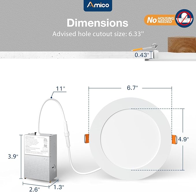 Amico 4 Pack 6 Inch 5CCT Ultra-Thin LED Recessed Ceiling Light with Junction Box, 2700K/3000K/3500K/4000K/5000K Selectable, 1050 Lumens, Dimmable Canless Wafer Downlight, 12W Eqv 110W-ETL&FCC