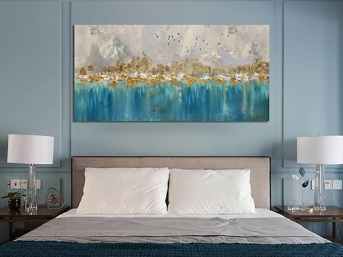 Arjun Teal Gold Abstract Wall Art Blue Turquoise Hand Painted Textured Painting Canvas Modern Grey Artwork Wooden Framed Large Size for Living Room Bedroom Bathroom Home Office Wall Decor, 48"x24"