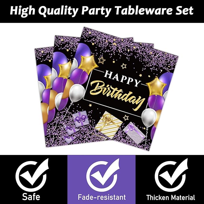 Wiooffen 96 Pcs Purple Birthday Party Plates Napkins Tableware Set Purple and Black Happy Birthday Party Supplies Disposable Dinnerware Women Girl Birthday Decoration Favors for Table, 24 Guests