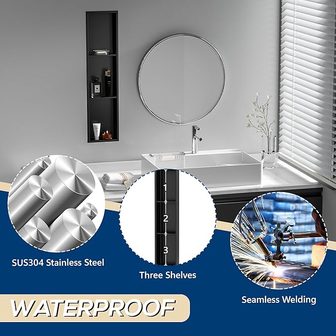 Stainless Steel Shower Niche 8" X 36", No Tile Needed Wall Niche Three-Tier, Recessed Shower Shelf for Bathroom Storage, Matte Black