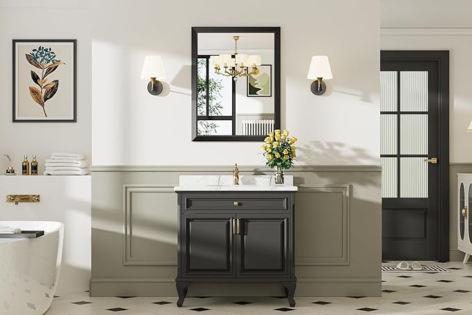20x28 Inch Black Bathroom Mirror for Wall, Thick Metal Framed Rectangle Mirrors for Over Sink, Bedroom, Living Room, Entryway, Anti-Rust, HD Tempered Glass