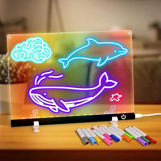 Acrylic Dry Erase Board with Light 11.8"x8.5" Light up Dry Erase Board Brightness Adjustable as Glow Memo LED Letter Message Note Board with Stand Led White Board with 12 Pen for School Home (Black)