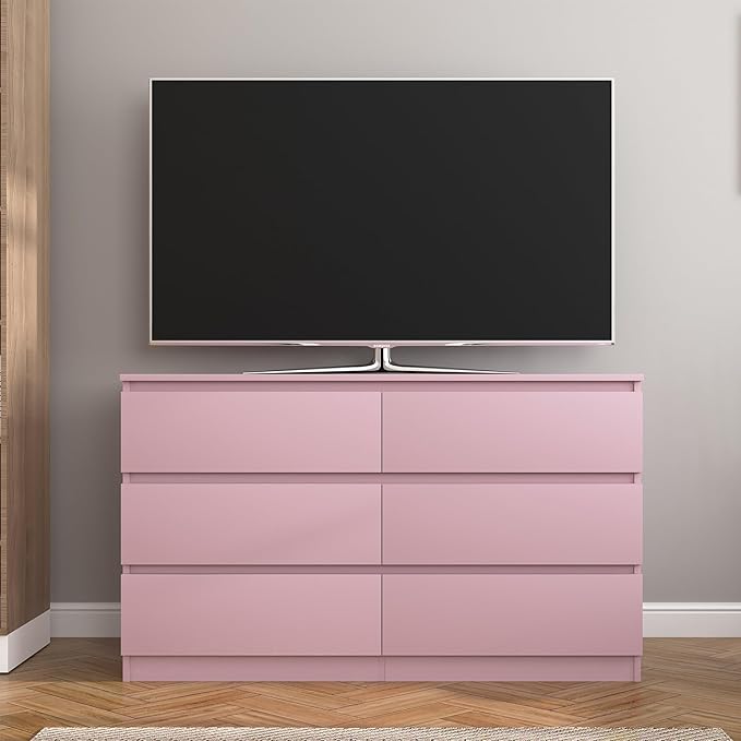 Pink Dresser for Bedroom, Modern 6 Drawer Dresser with Deep Drawer,Wide Storage Chest of Drawers, Bedroom Storage Organizer Furniture,TV Stand for Living Room