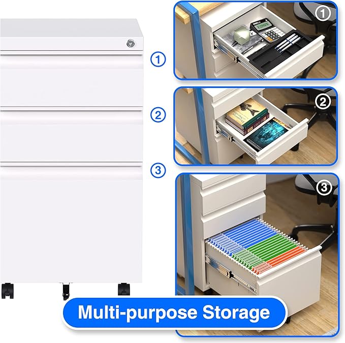 Aobabo 3 Drawer File Cabinet with Lock,Metal Filing Cabinet with Wheels for Home Office & Business Enterprise, Legal/Letter Size, Fully Assembled Except Wheels, White