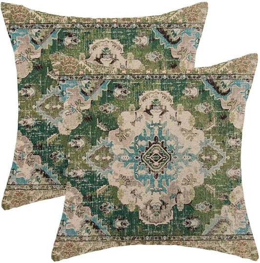 BETGINY Sage Green Boho Pillow Covers 18 x 18 Inch Pack of 2, Bohemian Carpet Pattern Decorative Throw Pillow Covers Outdoor Linen Farmhouse Pillowcase for Bedroom Home Sofa Decor