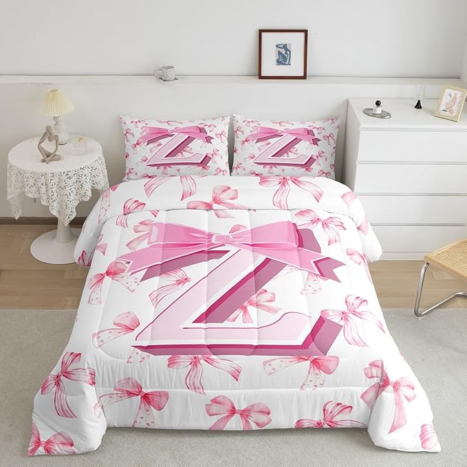 jejeloiu Kids Girls Cute Pink Bow Comforter Set Full Size Monogrammed Bedding Set Ultra Soft Personalized Initial Z Duvet Quilt Coquette Bow Knot Quilt Set Room Decor Modern Fashion Comforter