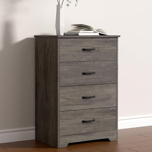 Farmhouse 4 Drawer Dresser, Small Wooden Chest of Drawers Classic White Dresser for Bedroom Living Room Entryway (Dark Gray, 4 Drawer)