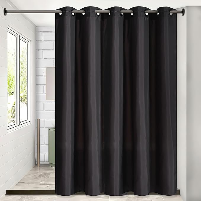 Extra Wide No Hook Black Shower Curtain 108x72 Inch,Polyester Fabric Waterproof Shower Curtain Liner with 14 Plastic Split Grommets,Washable Shower Curtains for Bathroom Hotel Spa Luxury