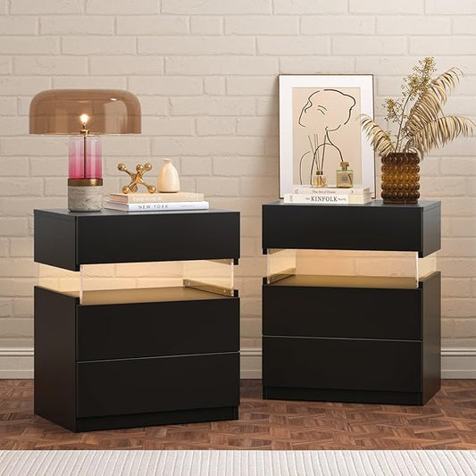 Bingoday Nightstands Set of 2 LED Tall Nightstand Set of 2 Modern LED Bedside Tables Set of 2 with 3 Drawers for Bedroom Living Room