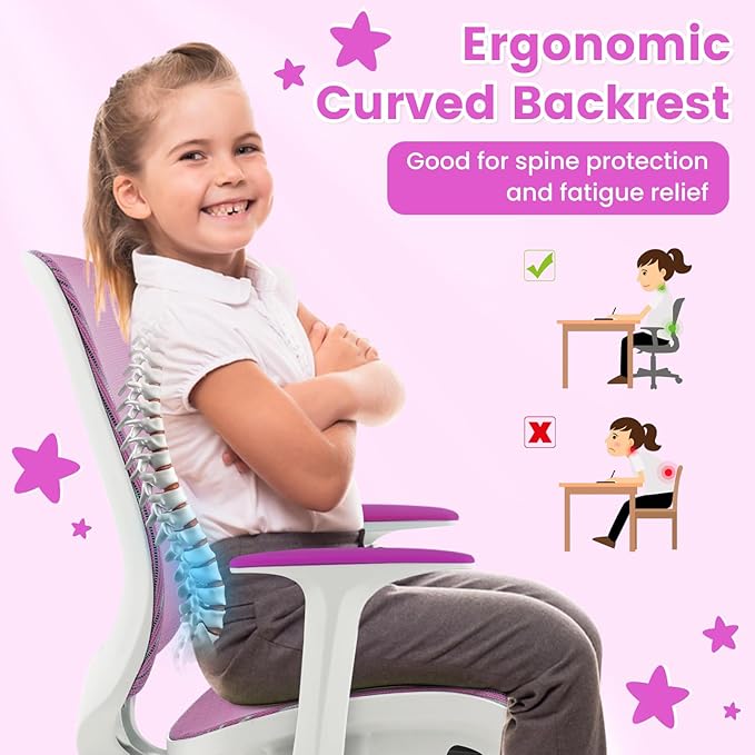 Costzon Kids Desk Chair, Height Adjustable Children Study Computer Chair with Armrests, Sit-Brake Casters, Swivel Mesh Task Chair for Boys Girls Teens Students, Kids Chair for Home, Office (Purple)