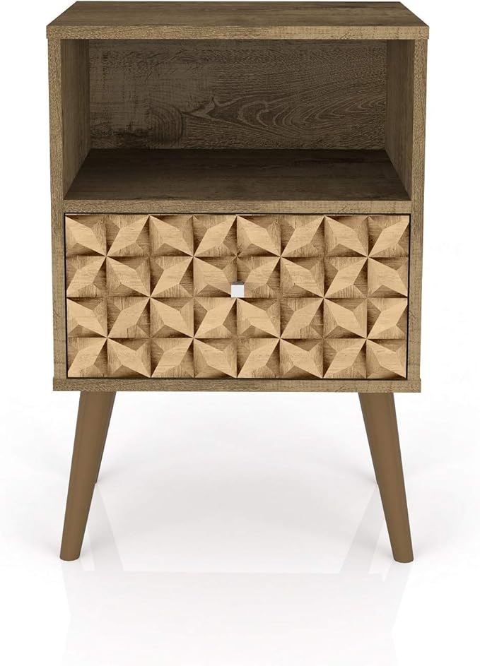 Manhattan Comfort Liberty Mid Century Modern Nightstand with Drawer and Cubby, Bedside Table for Bedroom and Living Room, Night Stand Accent Decor, Easy Assembly, Brown/Brown