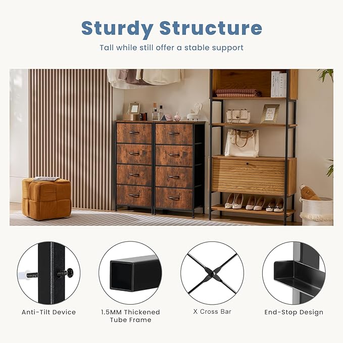 DUMOS Dresser for Bedroom 4 Drawers, Tall Fabric Closet Chests Organizer Tower Furniture with Wooden Top Metal Frame for Nursery, Living Room, Closet, Brown