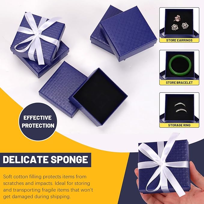 Glarks 12pcs Dark Blue 9 x 9 x 3CM Jewelry Gift Boxes with Pink Scissors and 1.5 x 225CM White Polyester Ribbon Set, Diamond Pattern Necklace Earring Bracelet Boxes Gift Case Ideal