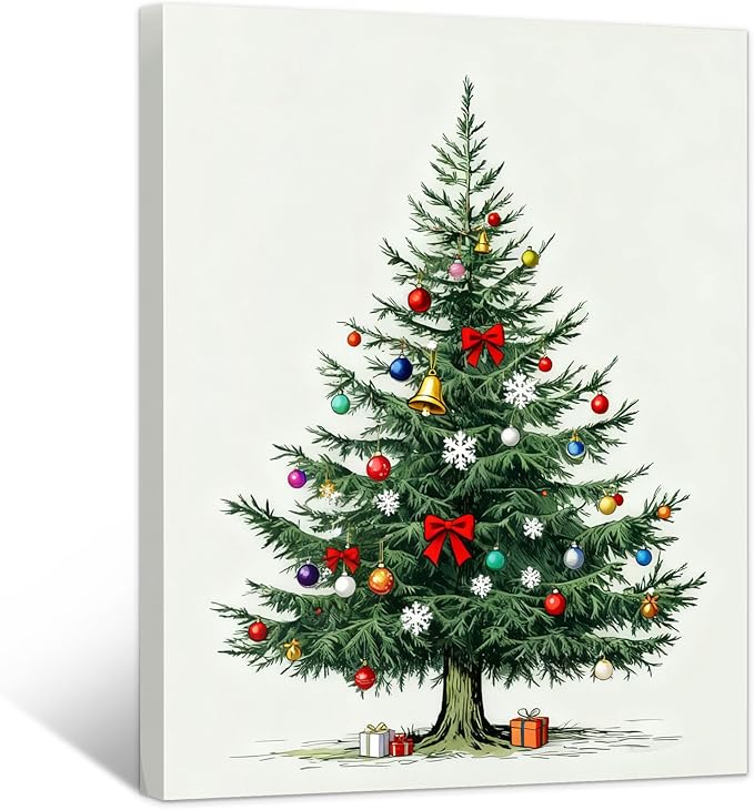 Framed Christmas Pictures Wall Decor,Vintage Pine Tree Prints,Winter Christmas Canvas Wall Art Decoration for Bedroom Bathroom Living Room Rustic Xmas Holiday Gifts (Christmas Tree 8, 12'' X 16'')