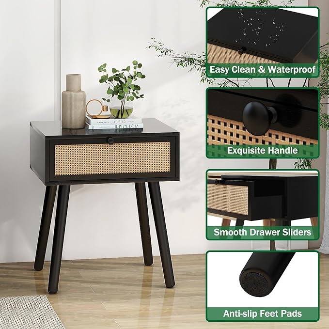 IBUYKE Hidden Compartment Nightstands, Rattan Nightstand with Wood Legs, Boho Side Table Concealment Furniture, Bedside End Table for Bedroom, Easy Assembly, Black UWNS010B