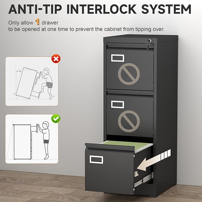 3 Drawer File Cabinet with Lock, Vertical Metal File Cabinets,Black Filing Cabinets for Home Office Fit Letter/A4/Legal Size File, Assembly Required