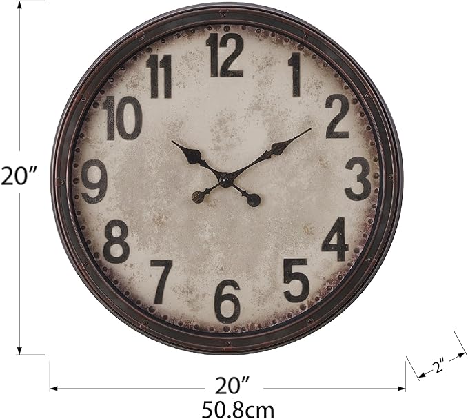 20 Inch Retro Farmhouse Wall Clock, Vintage Silent Non-Ticking, Battery Operated Decorative Clock for Living Room, Kitchen, Bedroom, Office and Home Decor, Dark Brown Arabic Number
