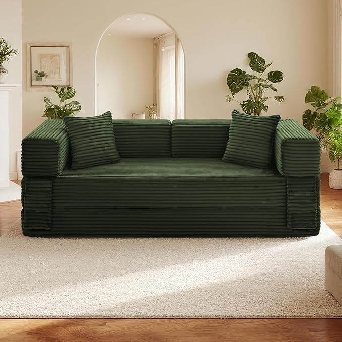 Sectional Boneless Couch Convertible Sofa Bed,78'' Modular Sectional Sleeper Sofa with Removable Armrests & 3 Pillows,Small Floor Couch No Assembly Needed for Living Room, Office, Bedroom,Light Green