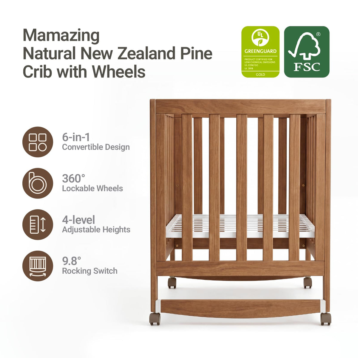 MAMAZING EvoNest 6-in-1 Convertible Baby Mini Crib with Wheels
