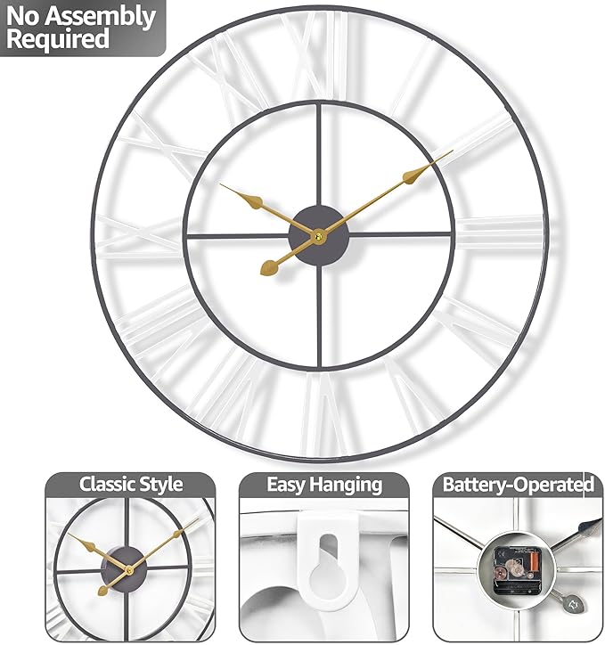 Sorbus Large Wall Clock for Living Room Decor – Easy to Hang 24-Inch Big Wall Clock – Metal Wall Art for Kitchen, Bedroom, Home, Office – Analog Decorative Wall Clock (White)