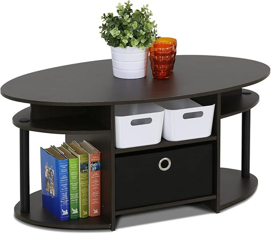 Furinno Jaya Simple Design Oval Coffee Table with Bin for Living Room, Walnut